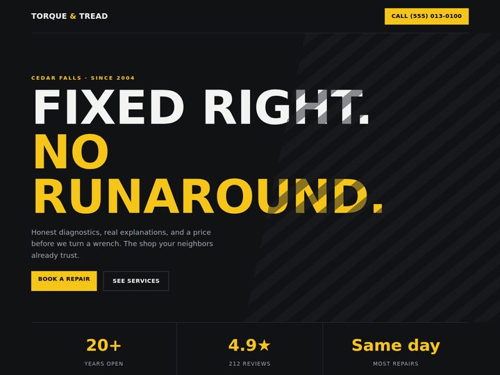 Torque & Tread — bold auto shop sample site